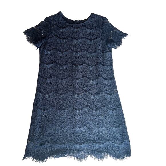 Lulus Take Me To Brunch Navy Blue Lace Shift Dress, Large, Mini, Short Sleeve - Picture 2 of 10